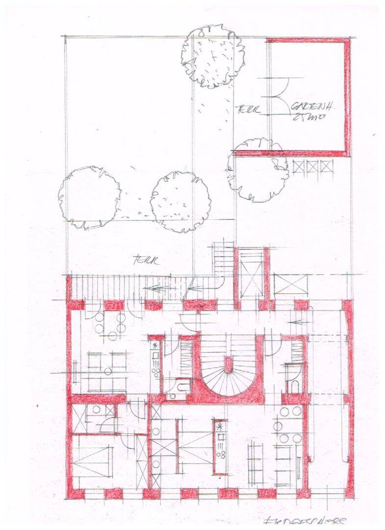 Handgezeichneter Grundriss des Erdgeschosses mit Garten, Terrasse und Wohnbereichen.