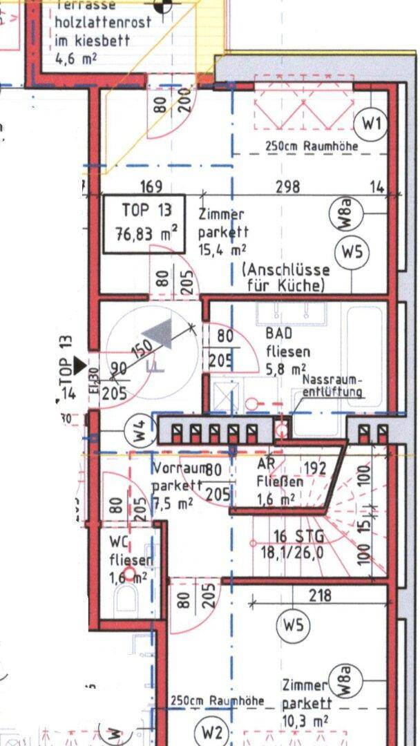Grundriss zeigt Zimmer mit Parkett, Bad und WC sowie eine Terrasse.