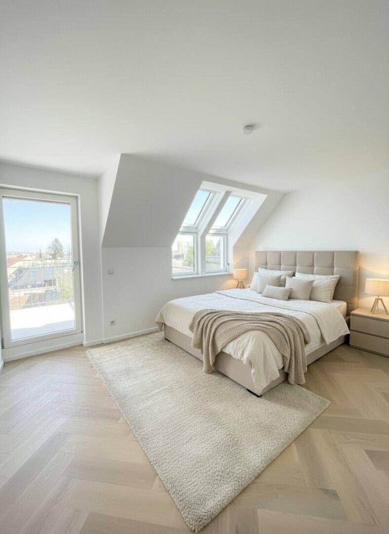 Gemütliches Schlafzimmer mit Doppelbett, hellem Parkett und Zugang zu einem Außenbereich.