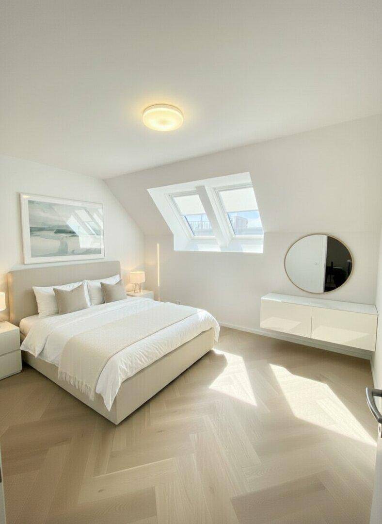 Helles Schlafzimmer mit modernem Bett, Spiegel und viel natürlichem Lichteinfall durch Dachfenster.