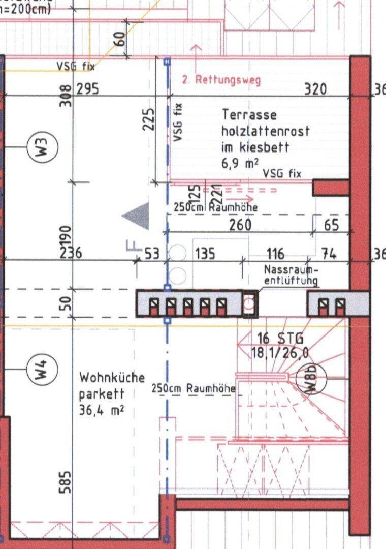 Grundriss zeigt eine offene Wohnküche mit Parkettboden und Zugang zu einer Terrasse.
