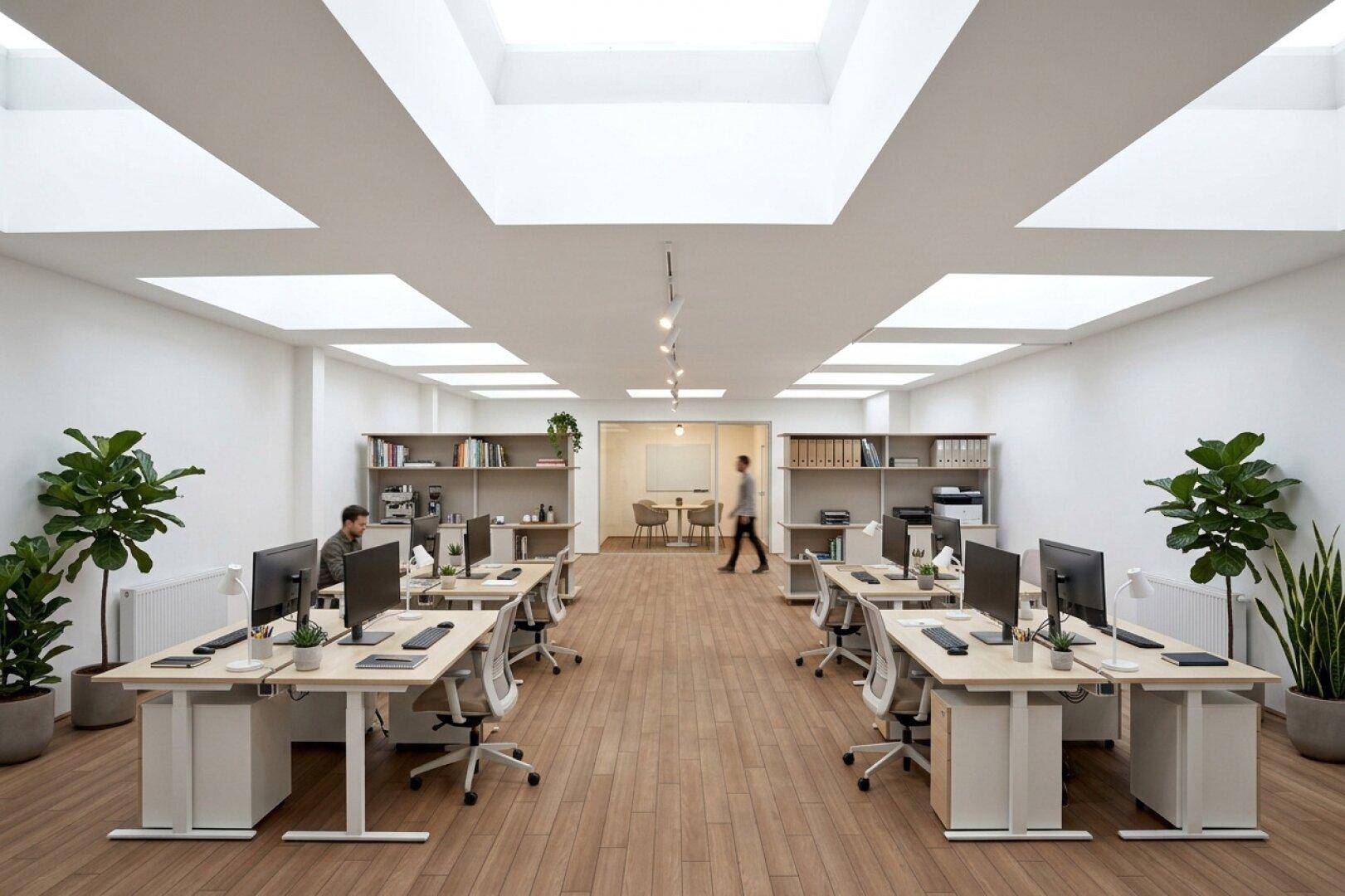 Großes, offenes Büro mit mehreren Arbeitsplätzen, Oberlichtern und modernen Möbeln, ideal für Teamarbeit.