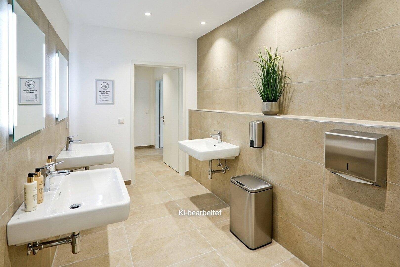 Modernes Badezimmer mit beigefarbenen Fliesen, mehreren Waschbecken und großen Spiegeln mit Beleuchtung.