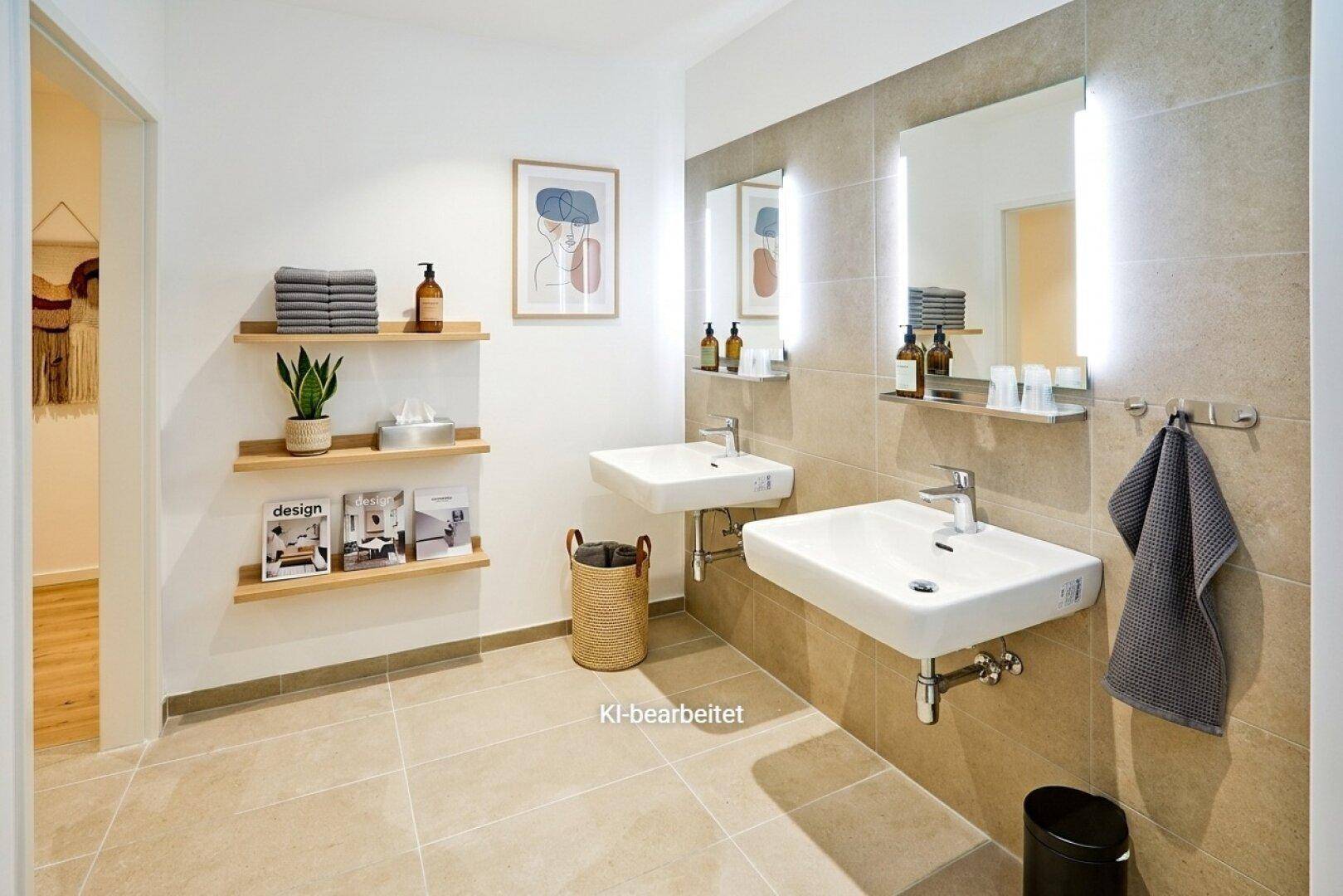 Modernes Badezimmer mit zwei Waschbecken, beleuchteten Spiegeln und schwebenden Holzregalen für Handtücher.