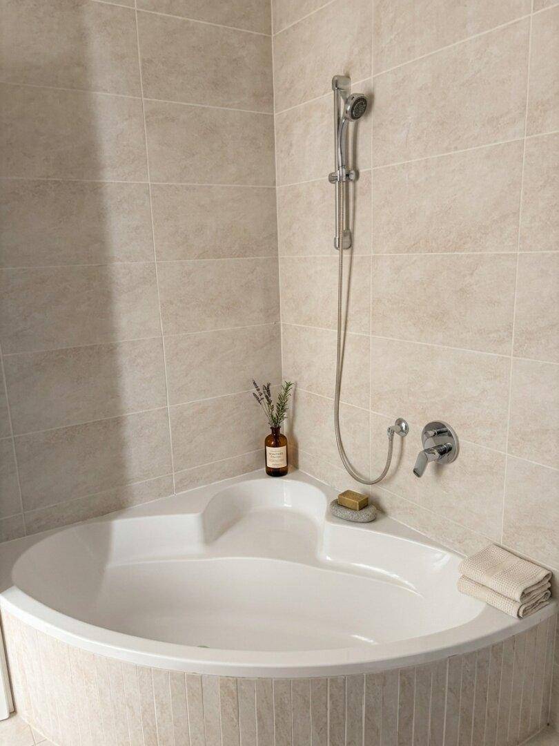 Modernes Badezimmer mit Eckbadewanne und beigefarbenen Fliesen.