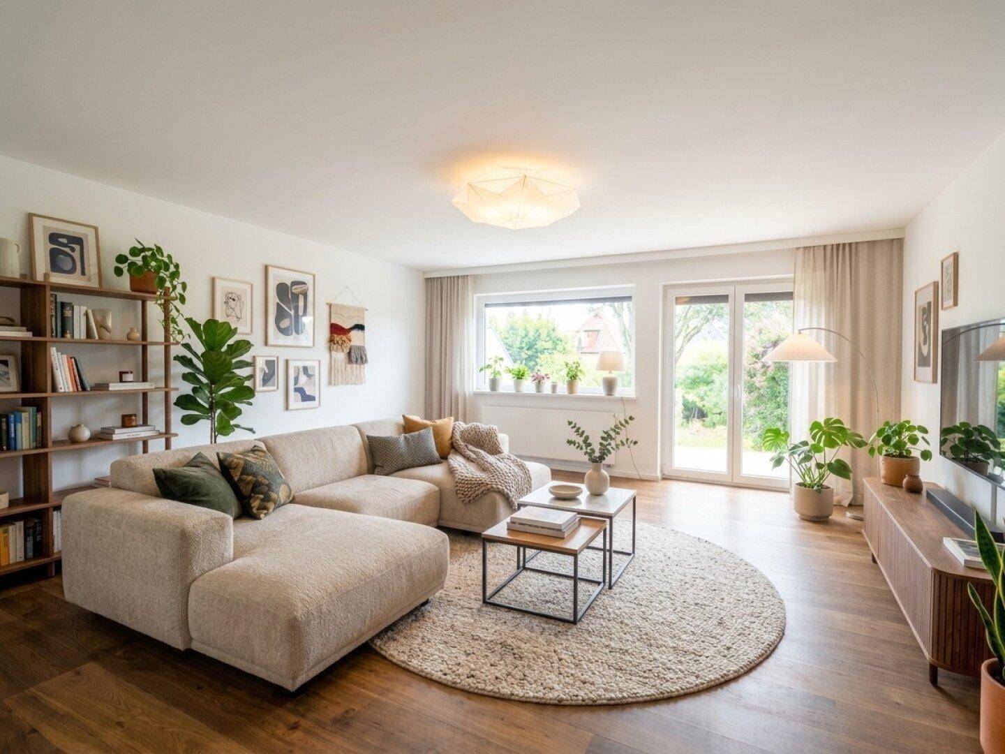 Helles Wohnzimmer mit großem Ecksofa, Holzboden und Zugang zum Gartenbereich.