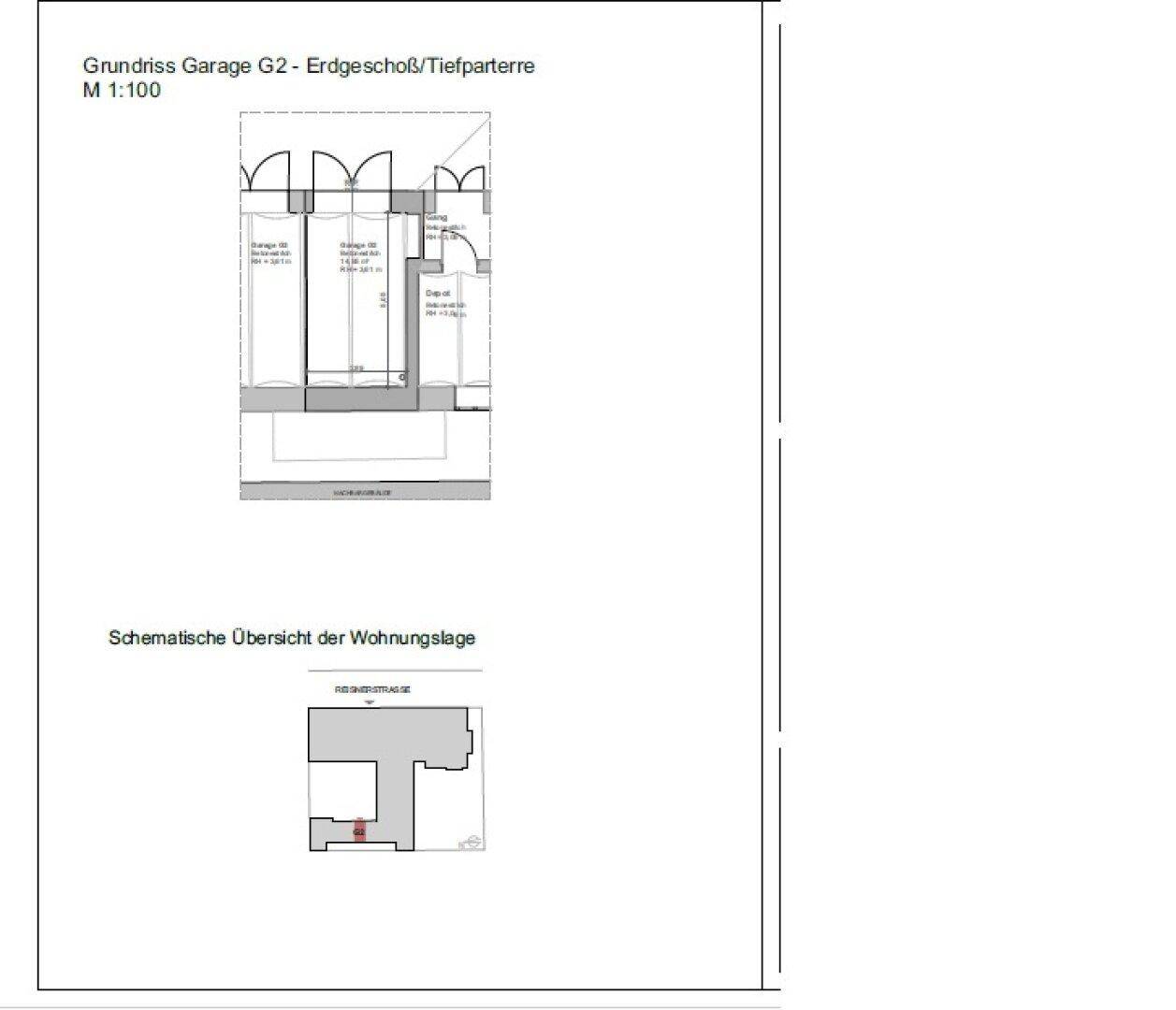 Grundrissplan einer Garage im Erdgeschoss mit schematischer Übersicht der Wohnlage.