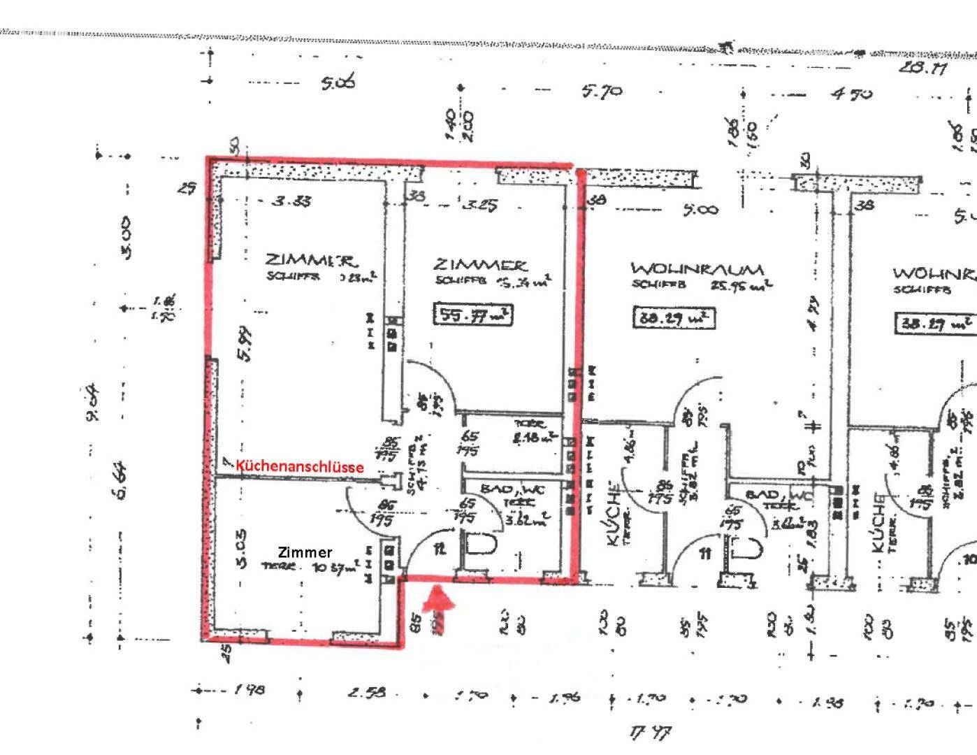 Detaillierter Grundriss einer Wohnung mit Zimmern, Küche und Bad, die Raumaufteilung darstellend.