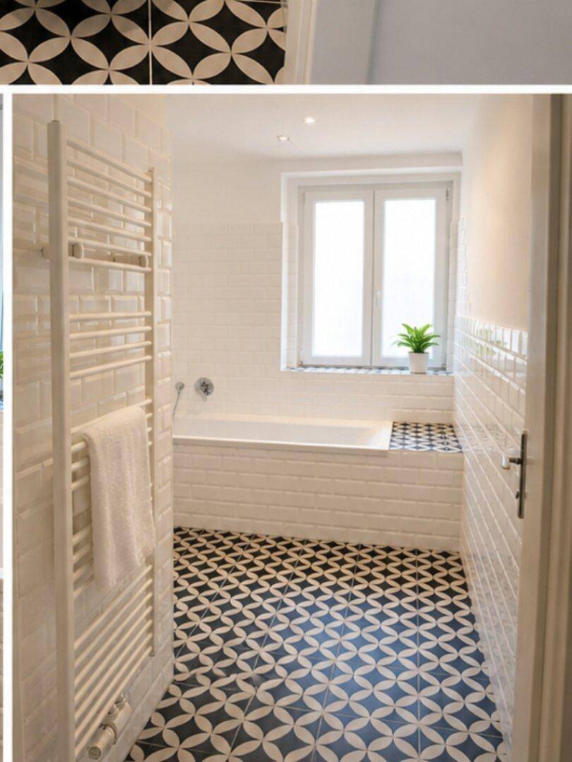 Helles Badezimmer mit Badewanne, Handtuchheizkörper und auffälligen schwarz-weißen Fliesen.