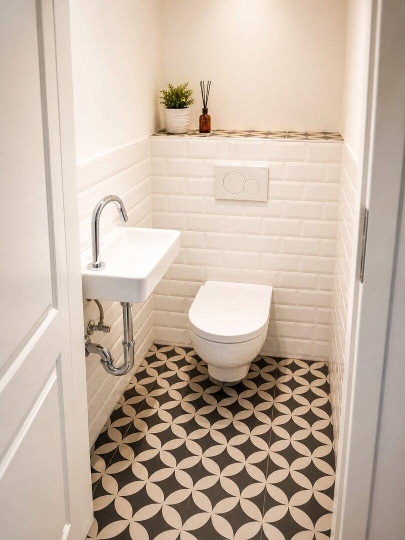 Modernes Gäste-WC mit wandhängender Toilette, kleinem Waschbecken und gemusterten Bodenfliesen.
