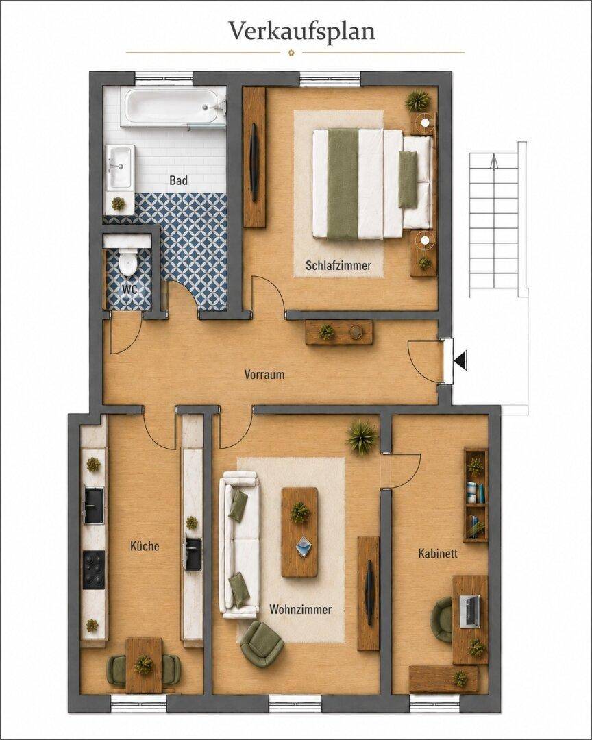Dieser Verkaufsplan zeigt eine Wohnung mit Schlafzimmer, Wohnzimmer, Küche, Bad und separatem WC. Der Grundriss umfasst auch einen Vorraum und ein Kabinett.