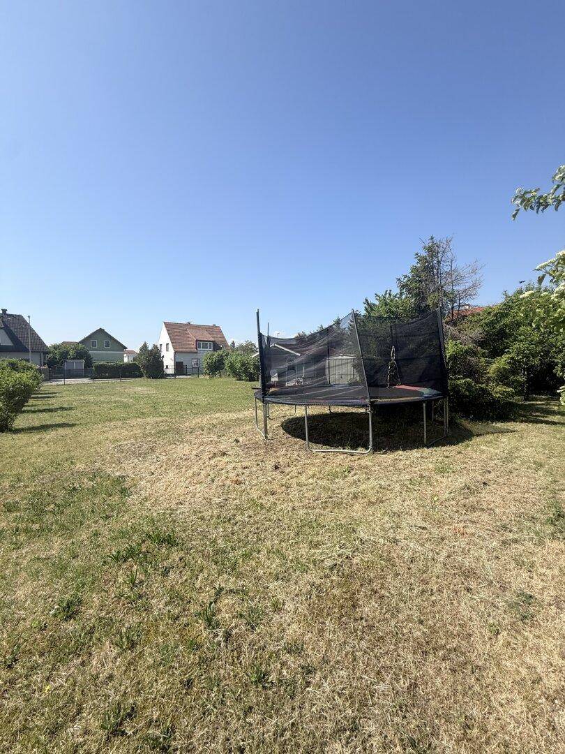 Weitläufige Rasenfläche mit einem Trampolin, umgeben von Wohnhäusern unter blauem Himmel.