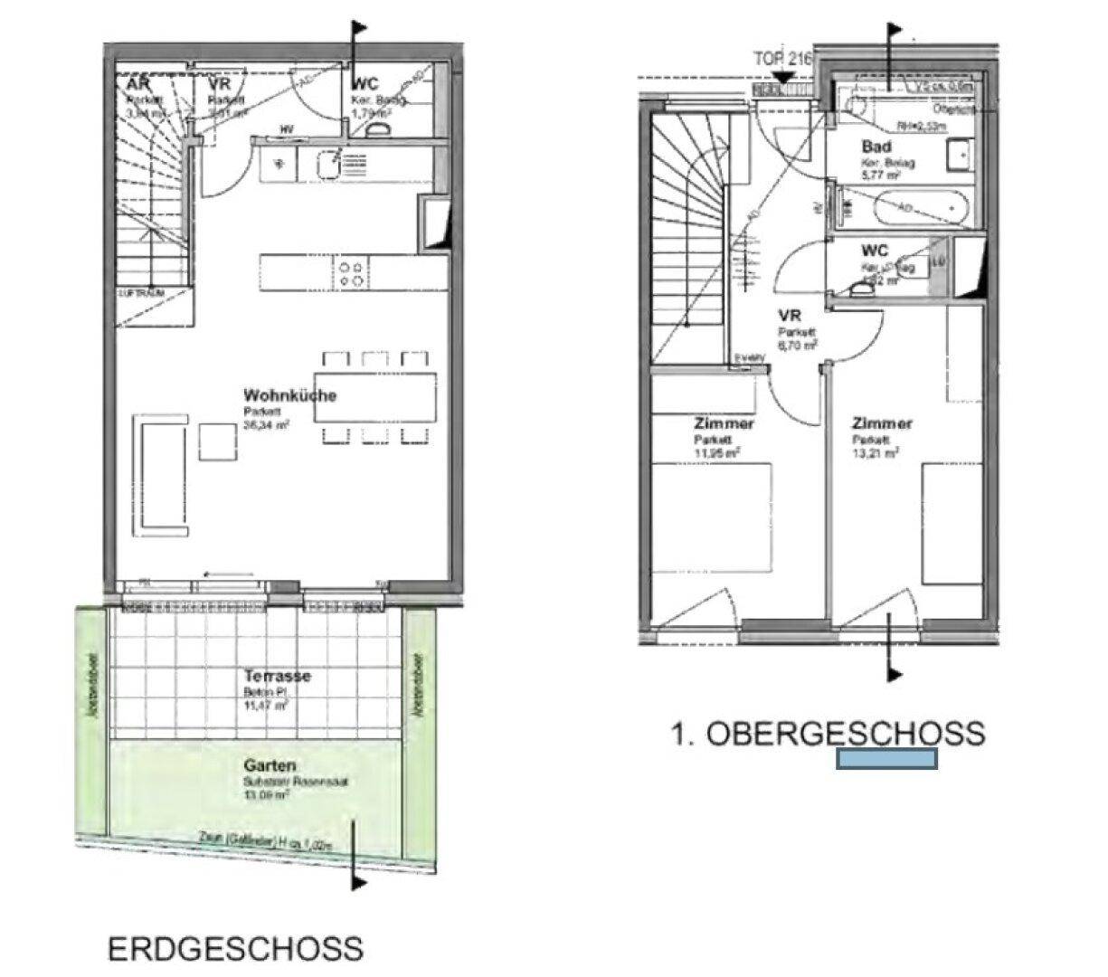 Grundriss des Erdgeschosses mit offener Wohnküche, Terrasse und Garten sowie des Obergeschosses mit Schlafzimmern und Bad.