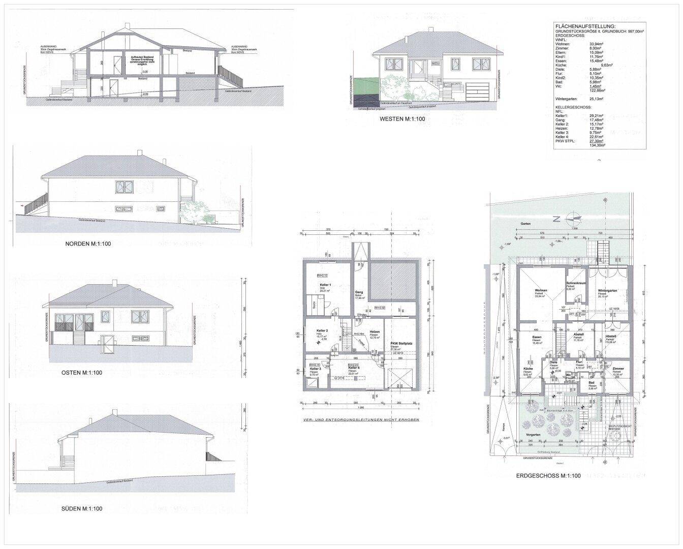 Detaillierter Grundriss des Hauses mit verschiedenen Ansichten und Flächenaufteilung.