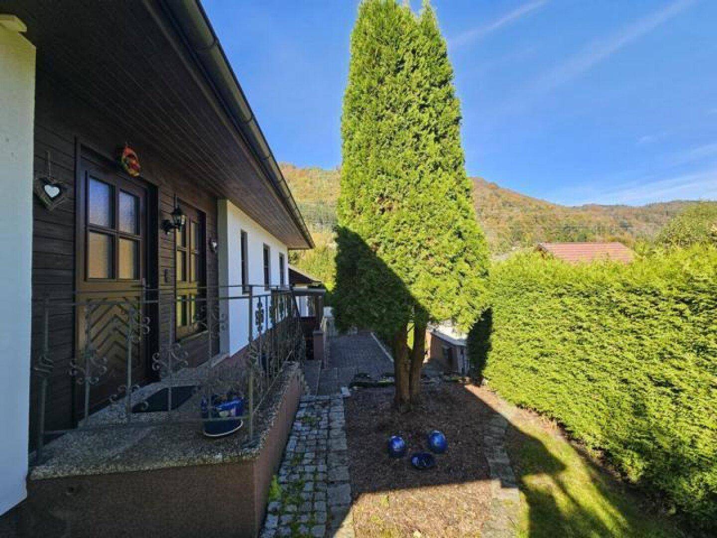 Seitenansicht des Hauses mit Eingangsbereich, gepflastertem Weg und hoher Hecke.