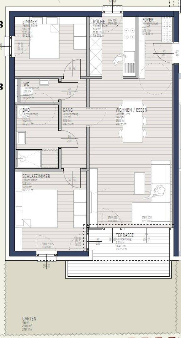 Detaillierter Grundriss einer 3-Zimmer-Wohnung mit offenem Wohnbereich, zwei Schlafzimmern und Terrasse.