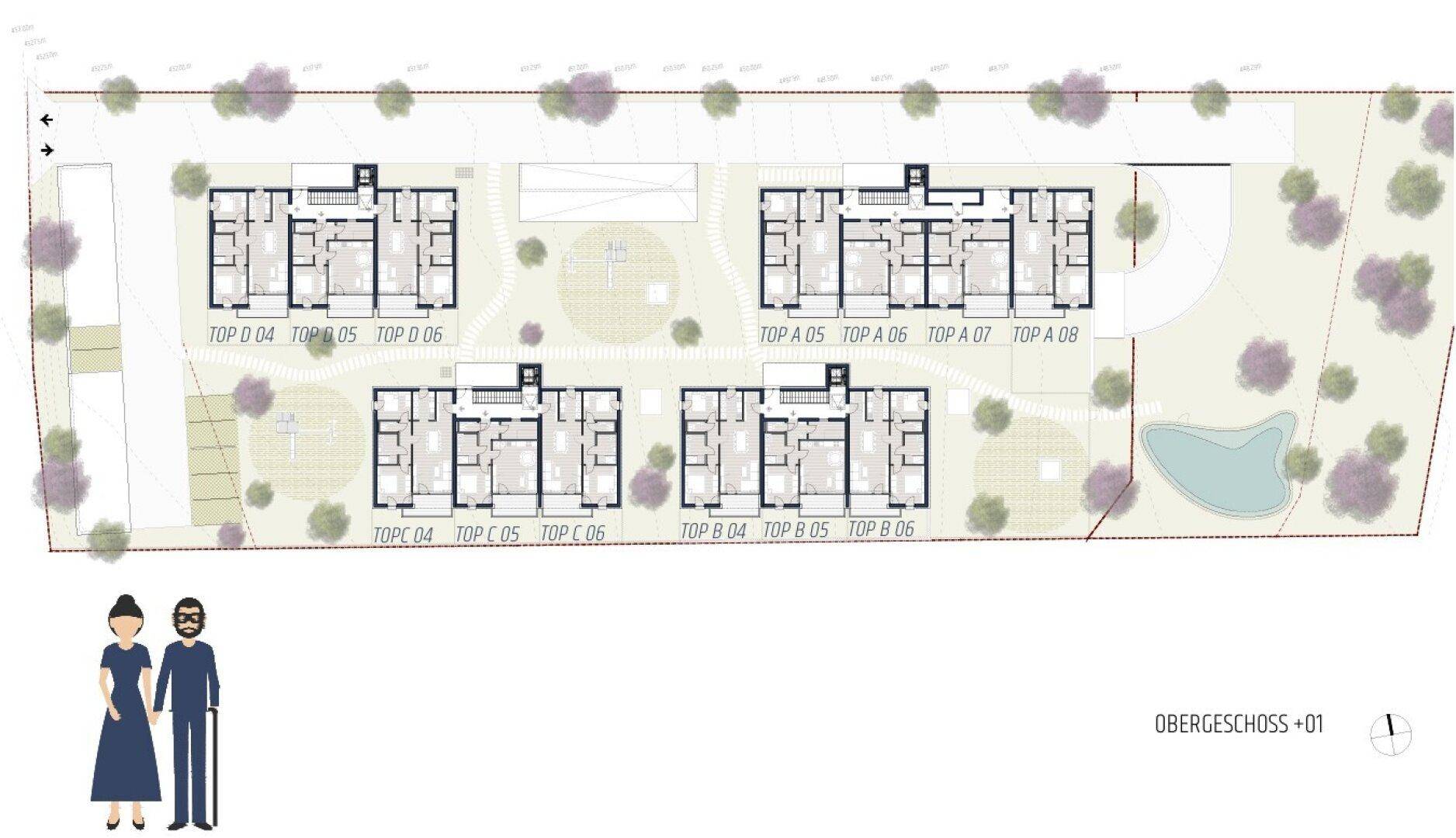 Übersichtsplan der Wohnanlage mit mehreren Gebäuden, Grünflächen, Wegen und einem Gemeinschaftspool.