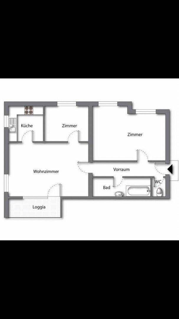Grundriss einer Wohnung mit Küche, Wohnzimmer, zwei Zimmern, Bad und Loggia.