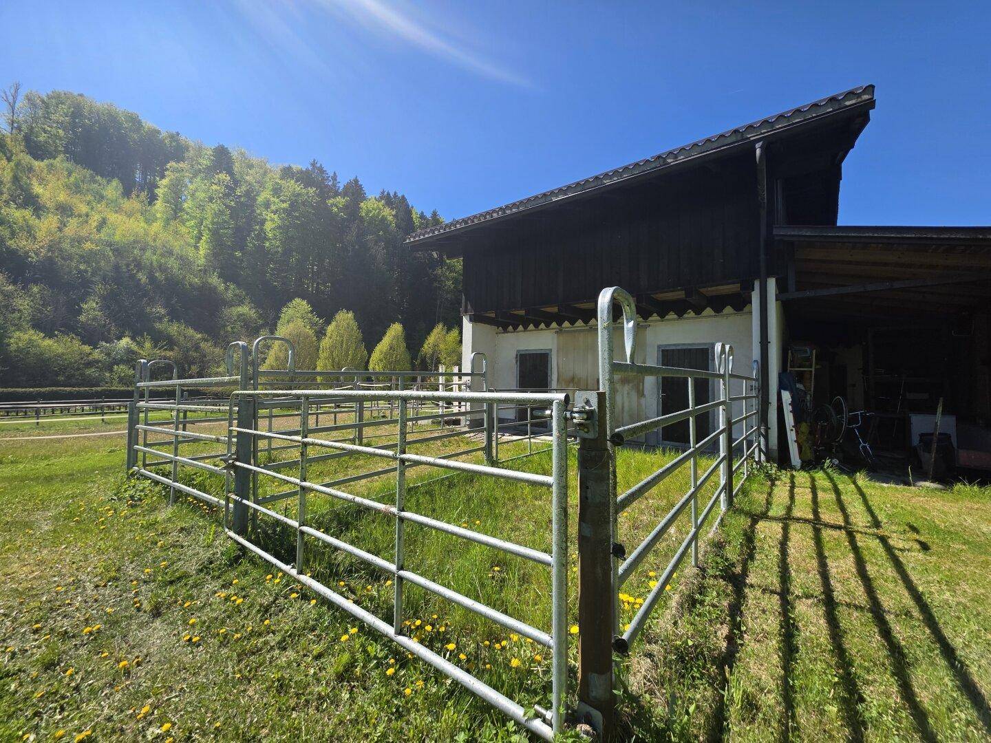 Nebengebäude mit angrenzendem eingezäunten Bereich, ideal für Tierhaltung oder Lagerung.
