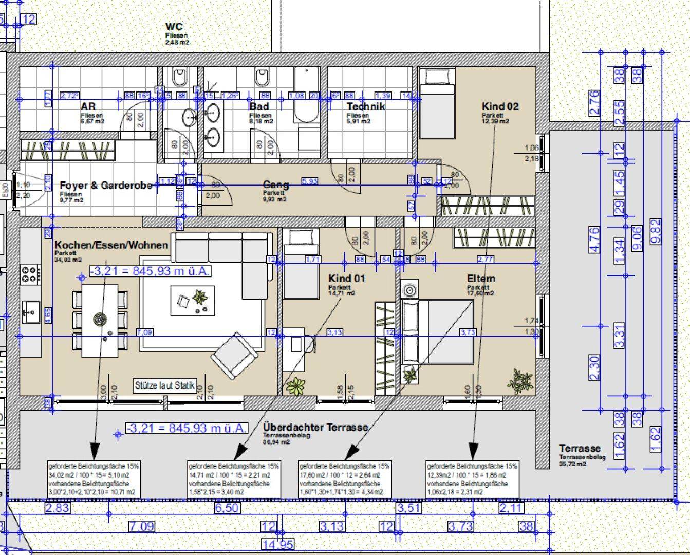 Detaillierter Grundriss einer Wohnung mit offenem Wohnbereich, zwei Bädern und zwei Terrassen.