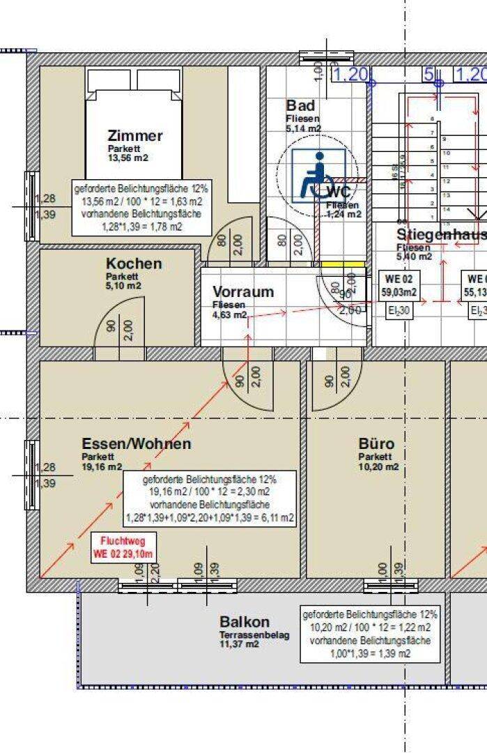 Detaillierter Grundriss einer Wohnung mit Schlafzimmer, Küche, Wohn-Essbereich und Balkon.
