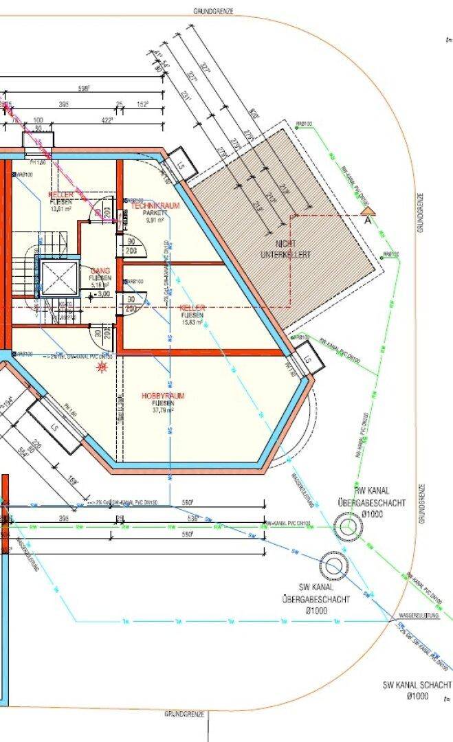 Grundriss des Untergeschosses mit Hobbyraum, Technikraum und zusätzlichem Stauraum.