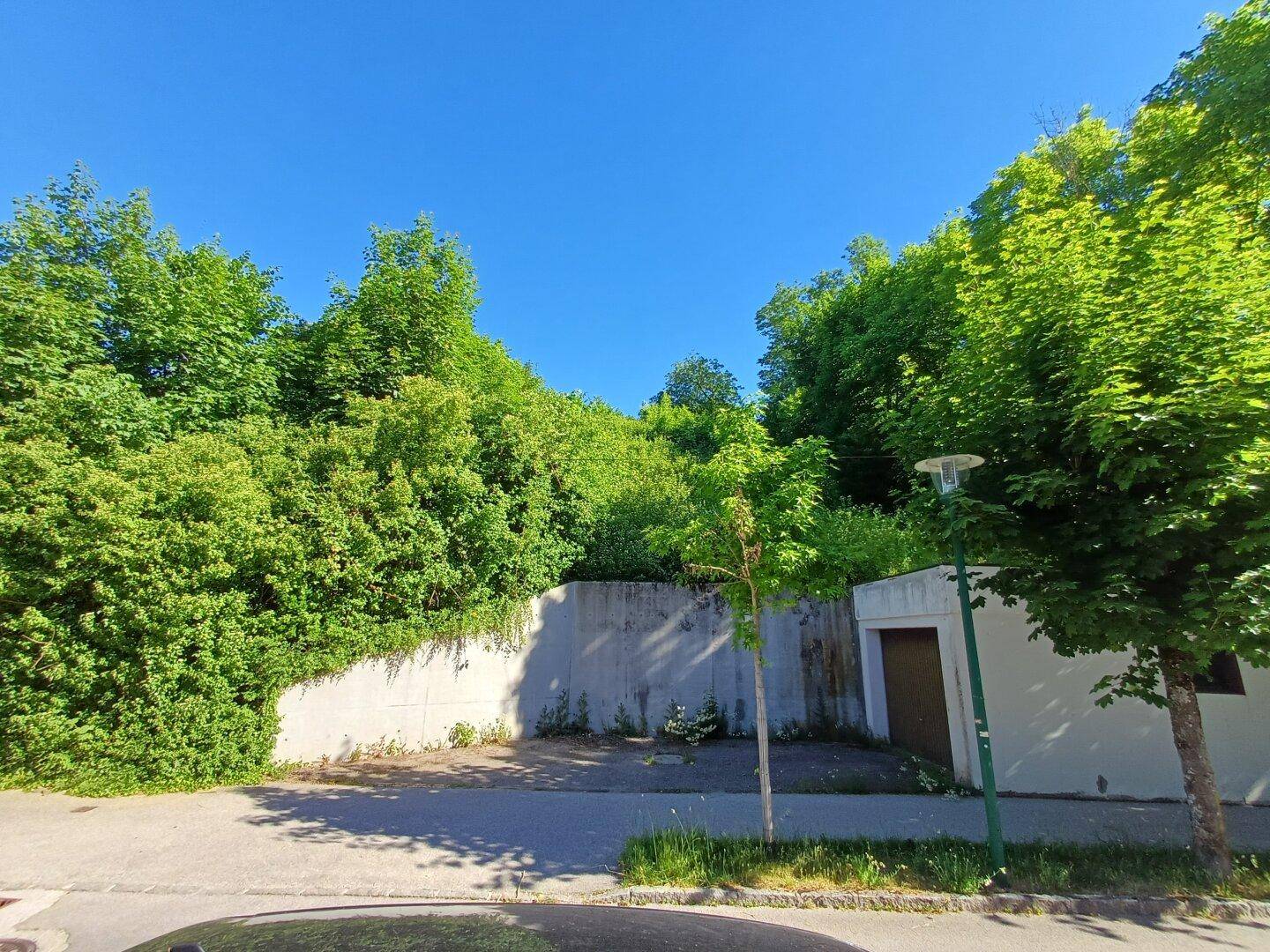 Außenbereich mit viel Grün, einer Betonmauer, einem kleinen Gebäude und einem Parkplatz unter blauem Himmel.