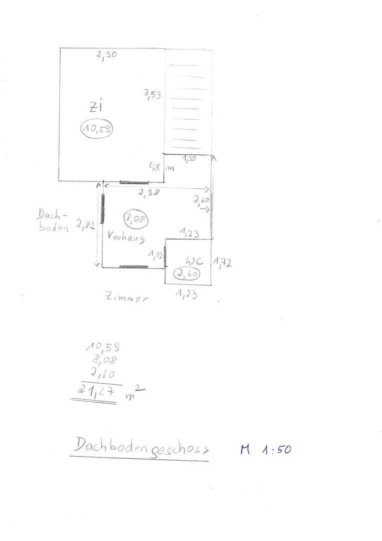 Handgezeichneter Grundriss des Dachbodengeschosses mit Zimmer und separatem WC.