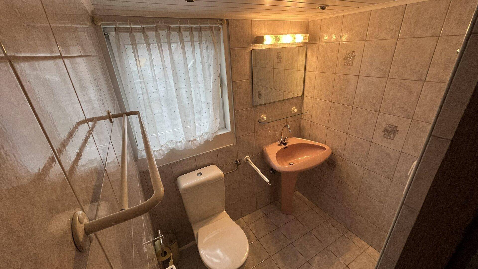 Badezimmer mit WC, Waschbecken und Fliesen im Vintage-Stil, inklusive Haltegriffen.