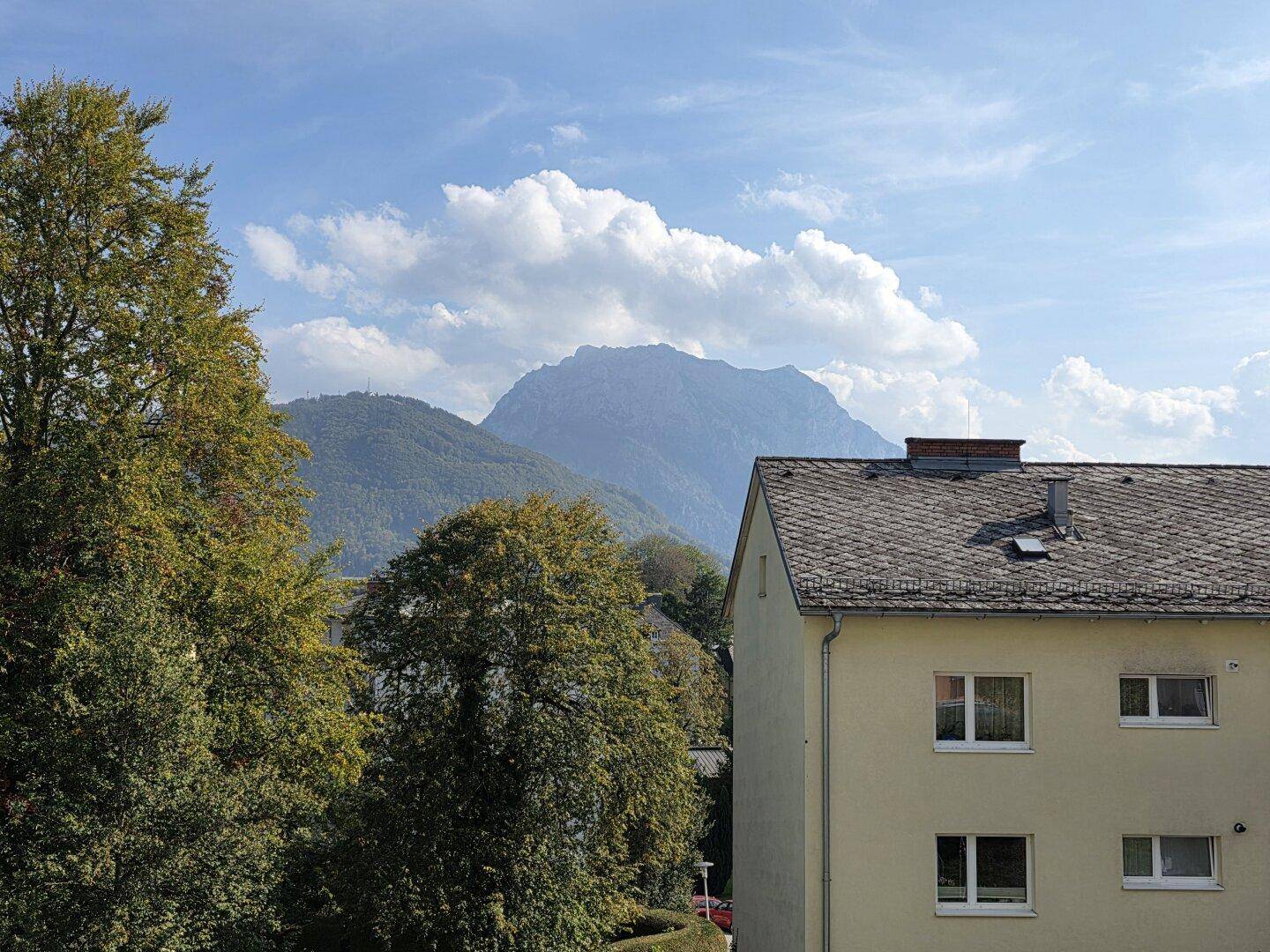 Detailansicht eines Gebäudedachs und der Fassade mit Bäumen und einem beeindruckenden Berg im Hintergrund.