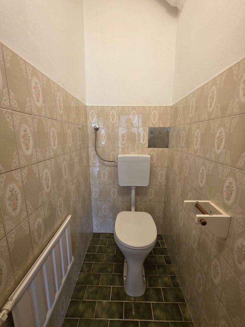 Kleines WC mit gemusterten Fliesen an den Wänden, grünen Bodenfliesen und einer Toilette.