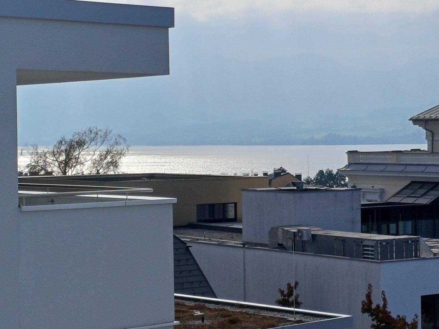 Panoramablick auf einen See und die umliegende Landschaft unter bewölktem Himmel.