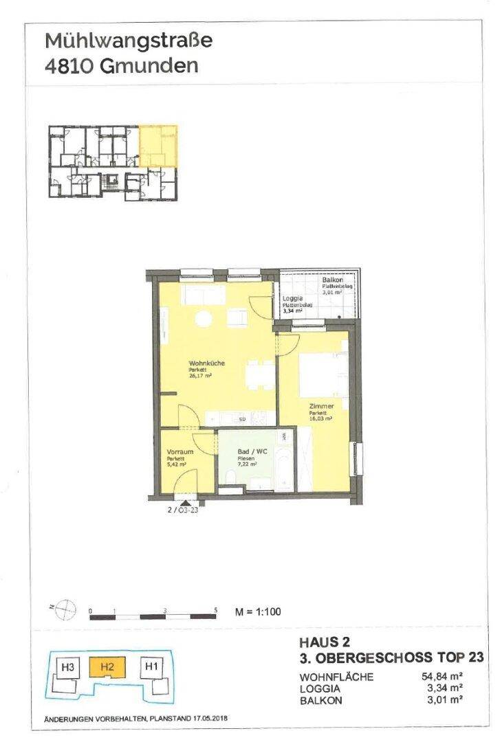Grundriss der Wohnung im 3. Obergeschoss mit Wohnküche, Zimmer und Loggia.
