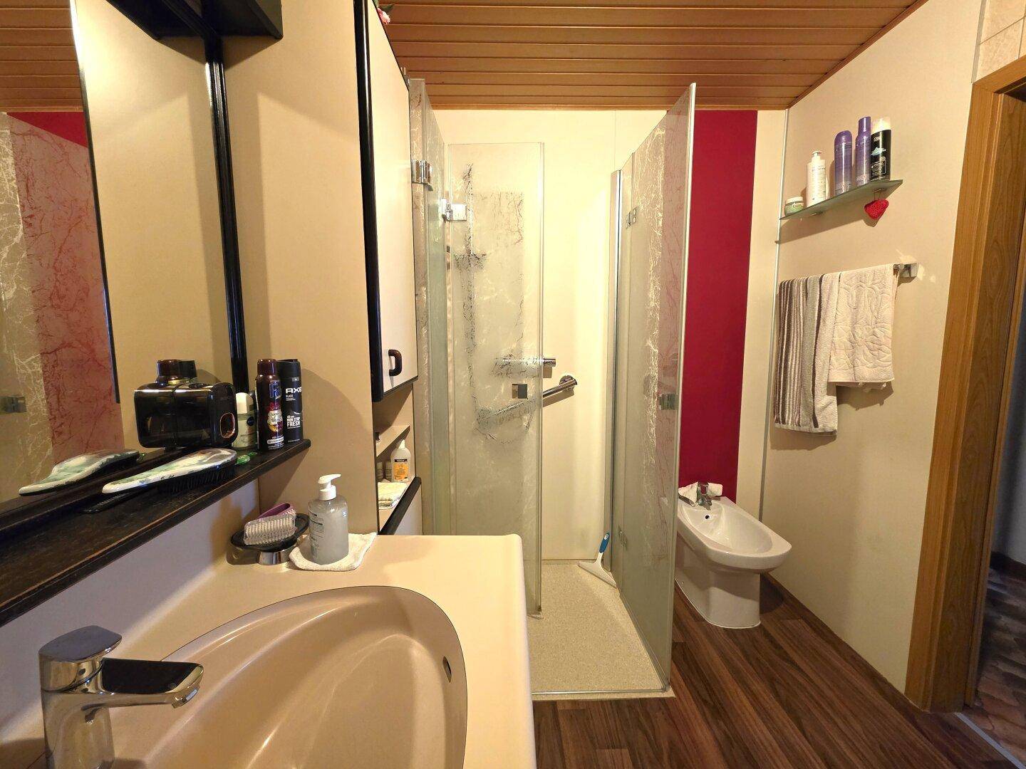 Badezimmer mit Duschkabine, Bidet und Waschtisch, ausgestattet mit Holzpaneeldecke.