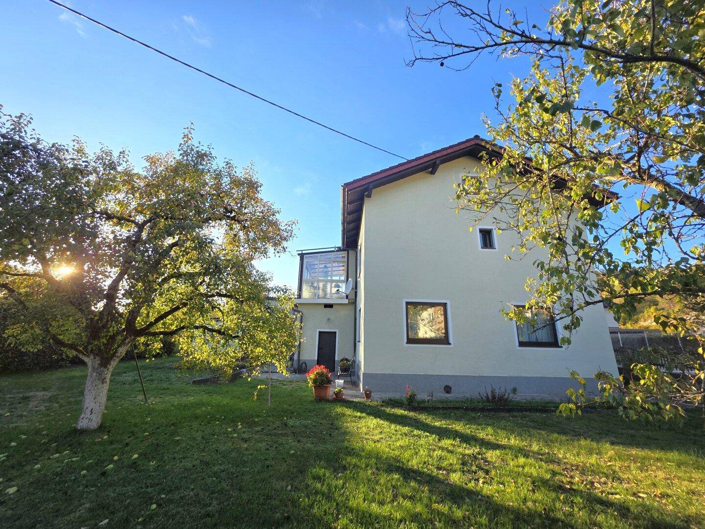 Sonnige Rückseite des Hauses mit großem Garten und Obstbäumen unter blauem Himmel.