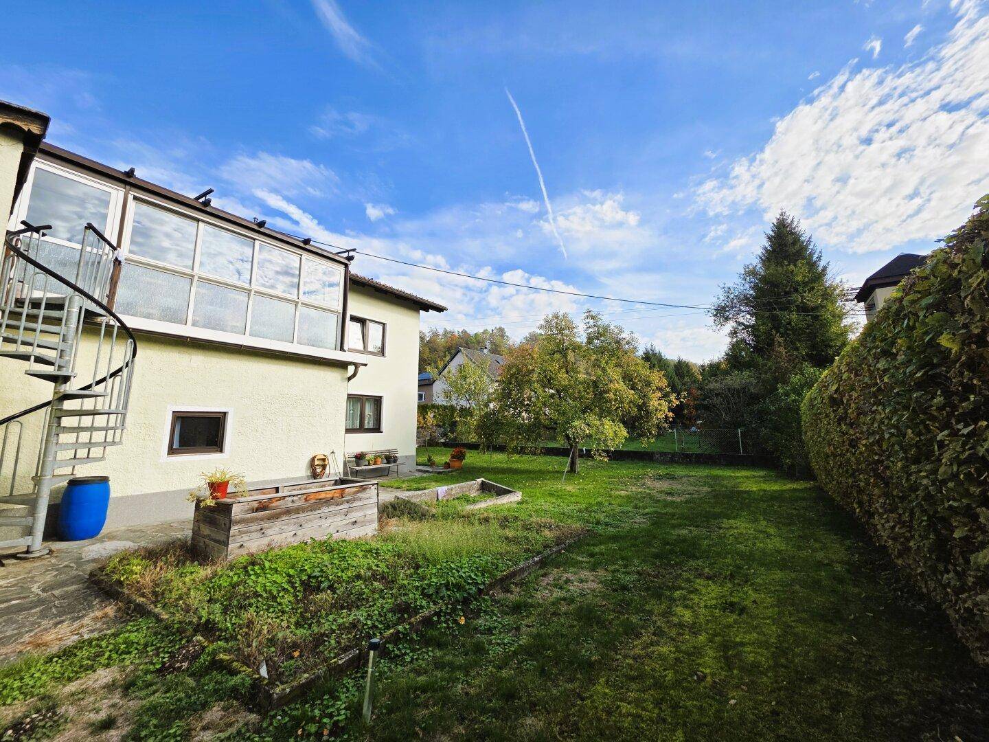 Seitlicher Blick auf den Garten mit Hecke, Hochbeeten und dem angrenzenden Wintergarten.