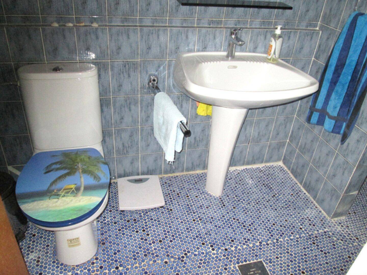 Badezimmer mit blauen Mosaikfliesen, WC und Waschbecken.