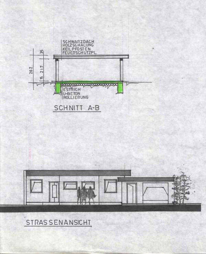 Schnittzeichnung und Straßenansicht des Gebäudes mit architektonischen Details.