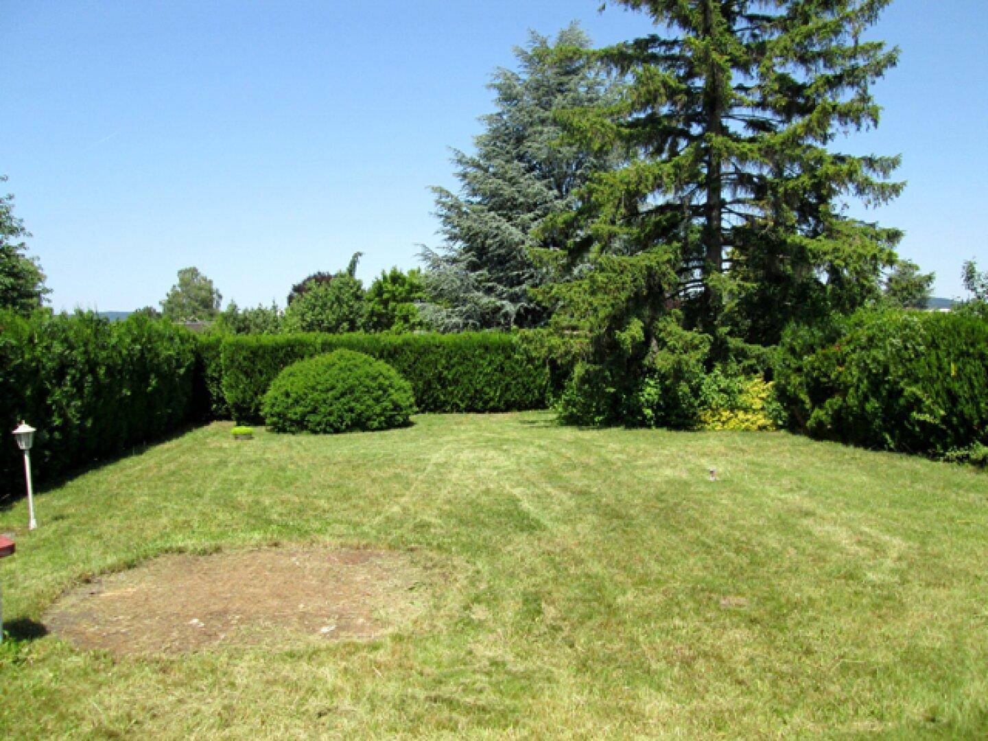 Großer, gepflegter Garten mit Rasenfläche, hohen Bäumen und Hecken.