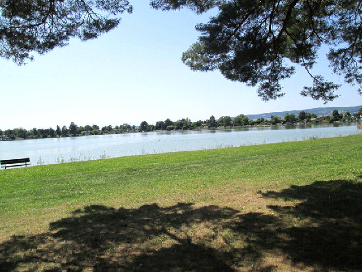 Weitläufiger Blick auf einen ruhigen See mit grünen Ufern unter blauem Himmel.