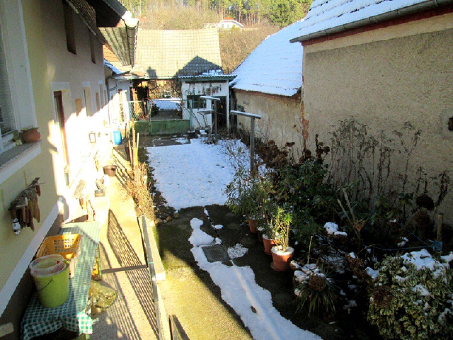 Blick von oben auf den schneebedeckten Hinterhof mit Pflanzen und angrenzenden Gebäuden.