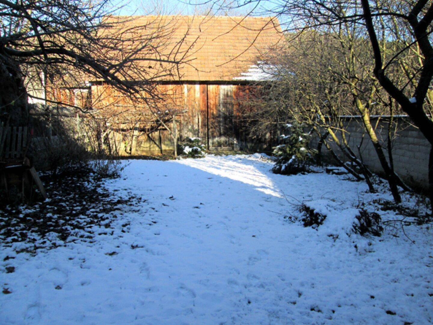 Schneebedeckter Gartenbereich mit kahlen Bäumen und einer Scheune im Hintergrund an einem sonnigen Tag.