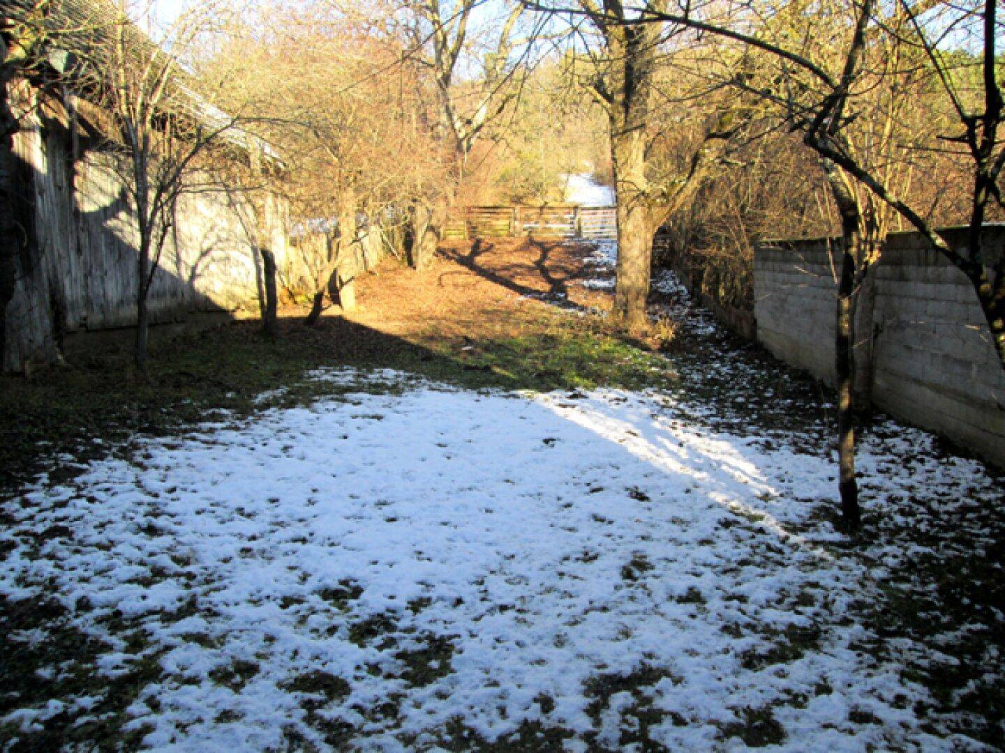 Schneebedeckter Gartenbereich, der zu einem bewaldeten Pfad führt, umgeben von Bäumen und Mauern.