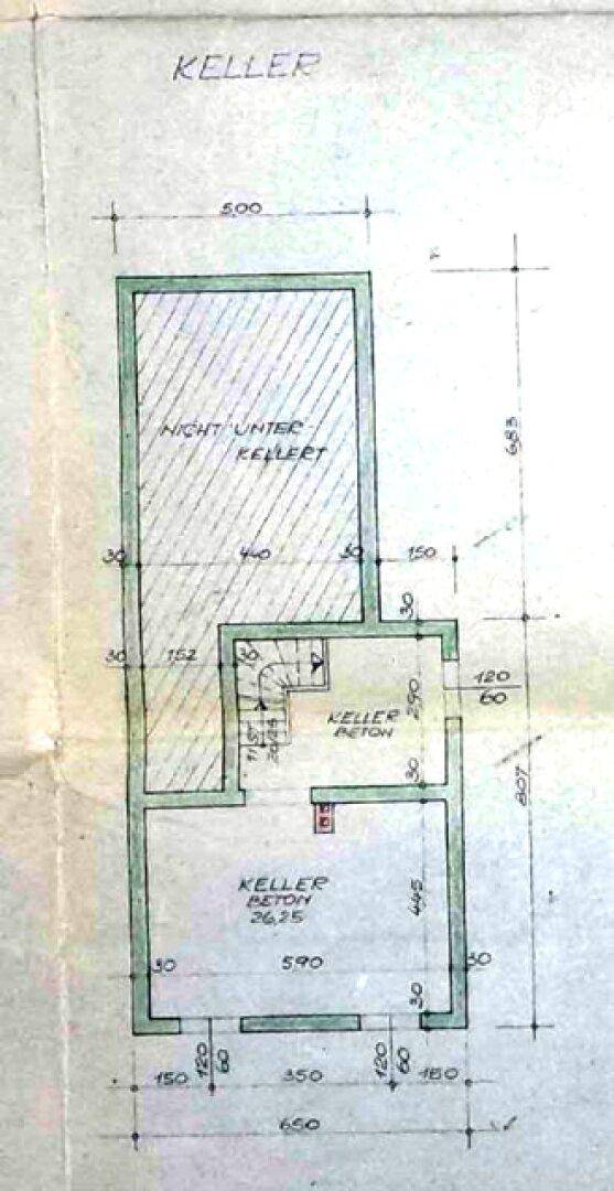 Grundriss des Kellers mit einem nicht unterkellerten Bereich und einem Kellerbetonbereich.
