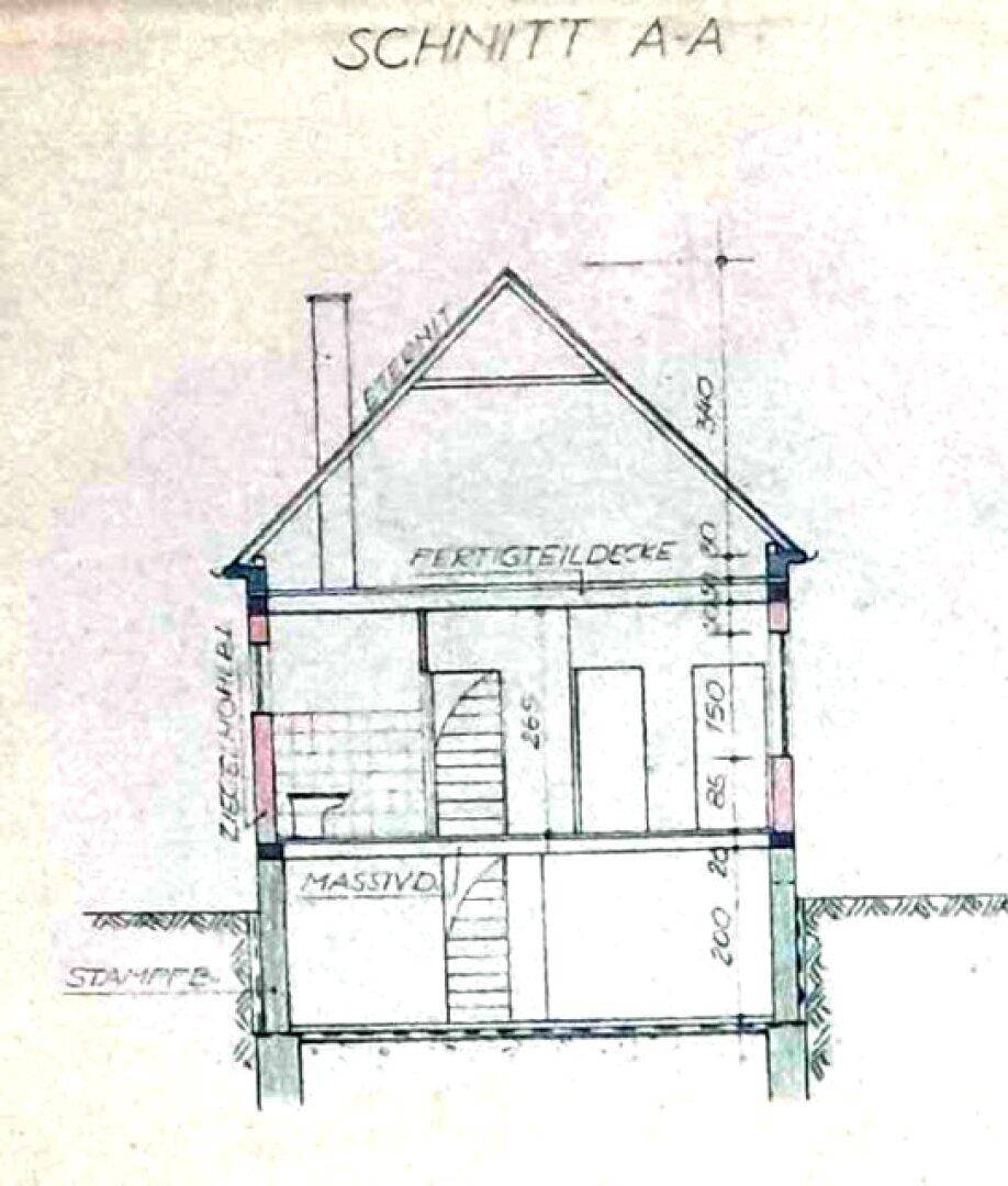 Schnittzeichnung des Gebäudes, die die Massivbauweise und das Giebeldach zeigt.