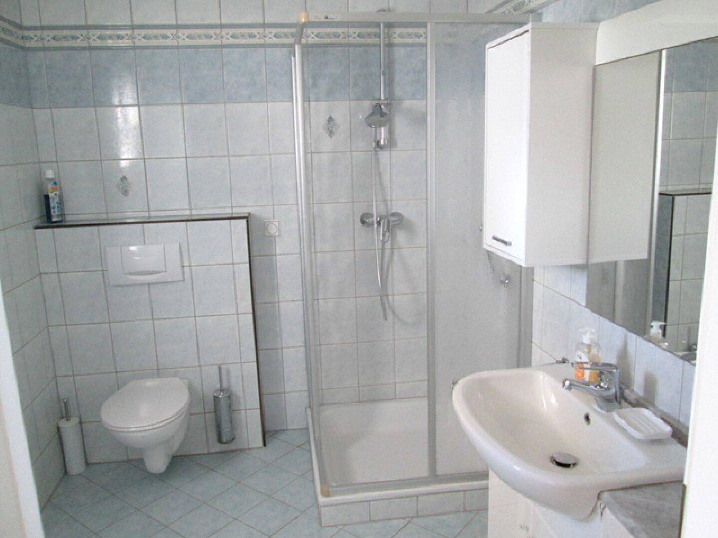 Badezimmer mit Dusche, WC, Waschbecken und hellblauen Fliesen.
