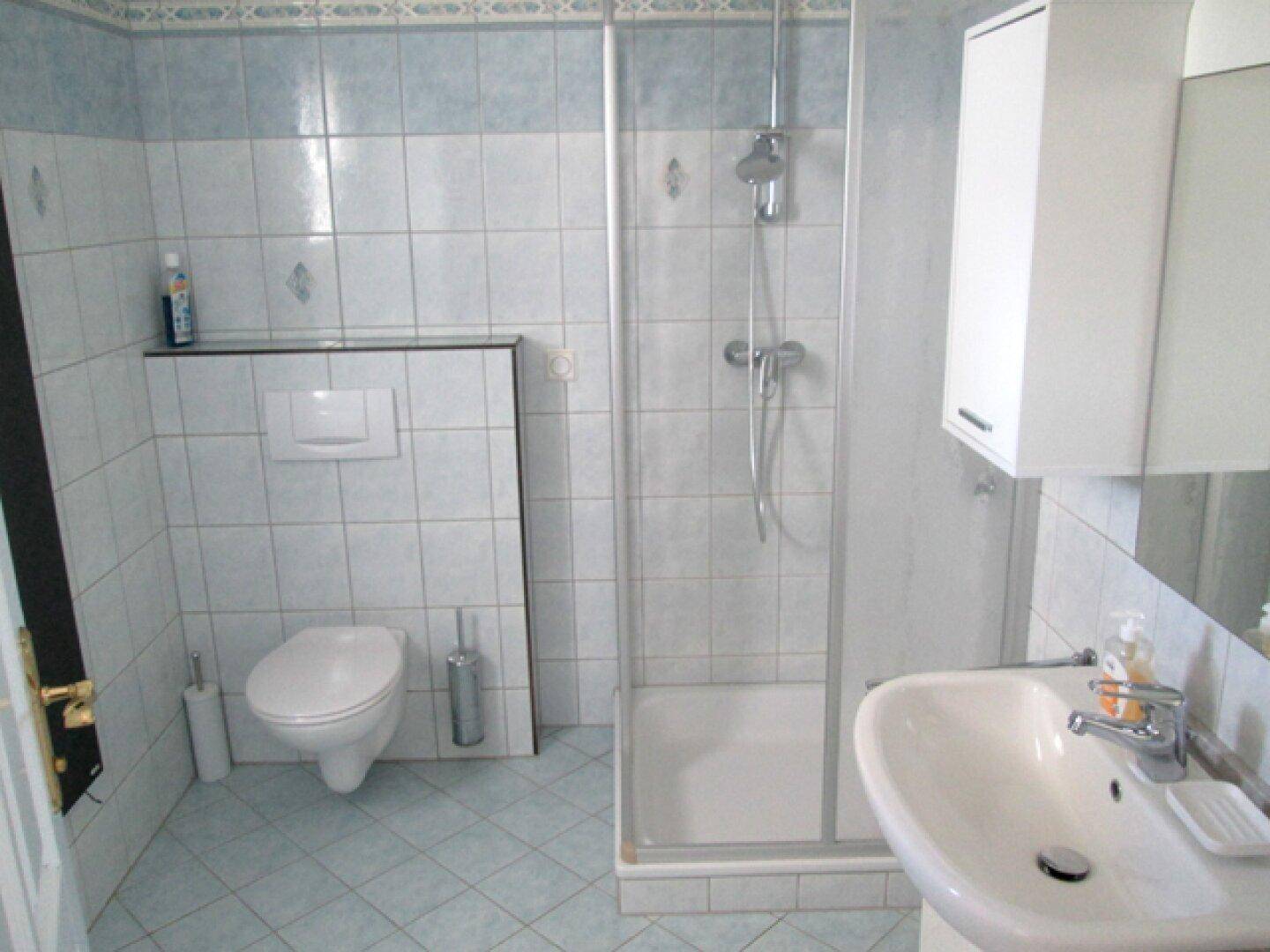 Badezimmer mit WC und Duschkabine, ausgestattet mit hellblauen und weißen Fliesen.