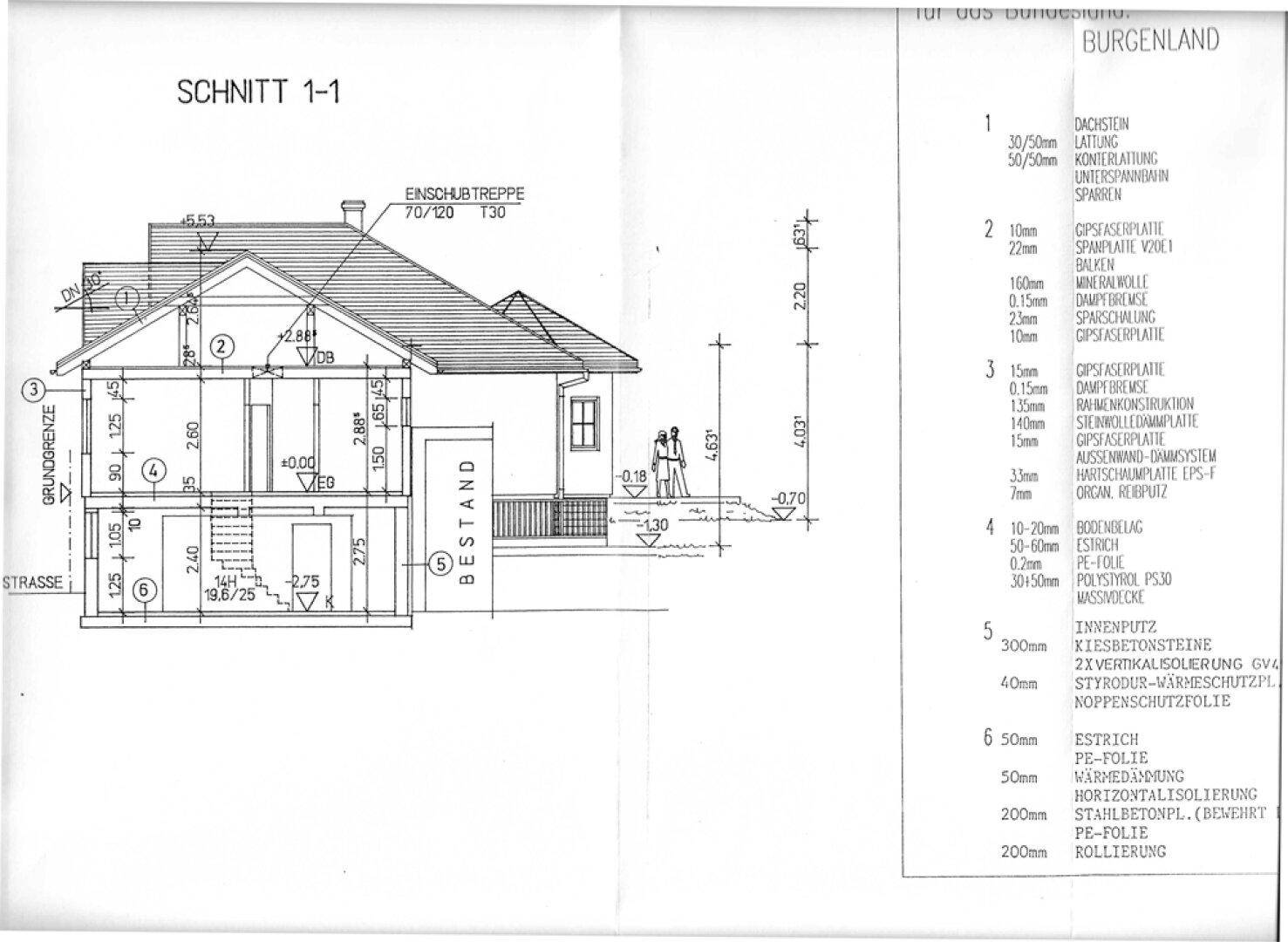 Architektonischer Querschnitt des Hauses (Schnitt 1-1) mit Darstellung der verschiedenen Ebenen und Dachkonstruktion.