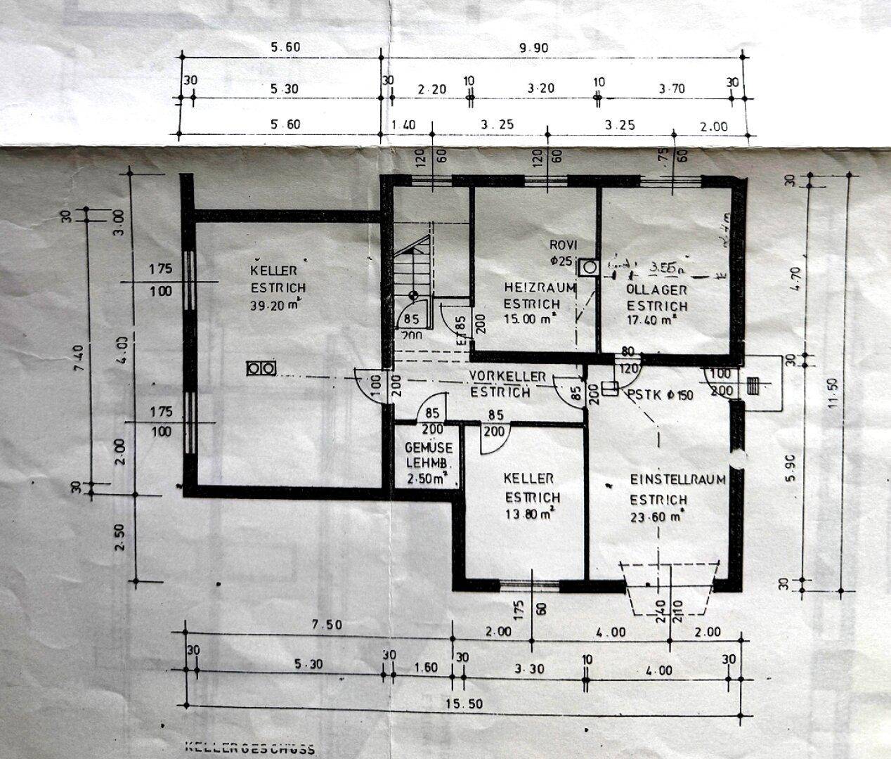 Grundriss des Kellergeschosses mit Heizraum, verschiedenen Kellerräumen und Abstellflächen.