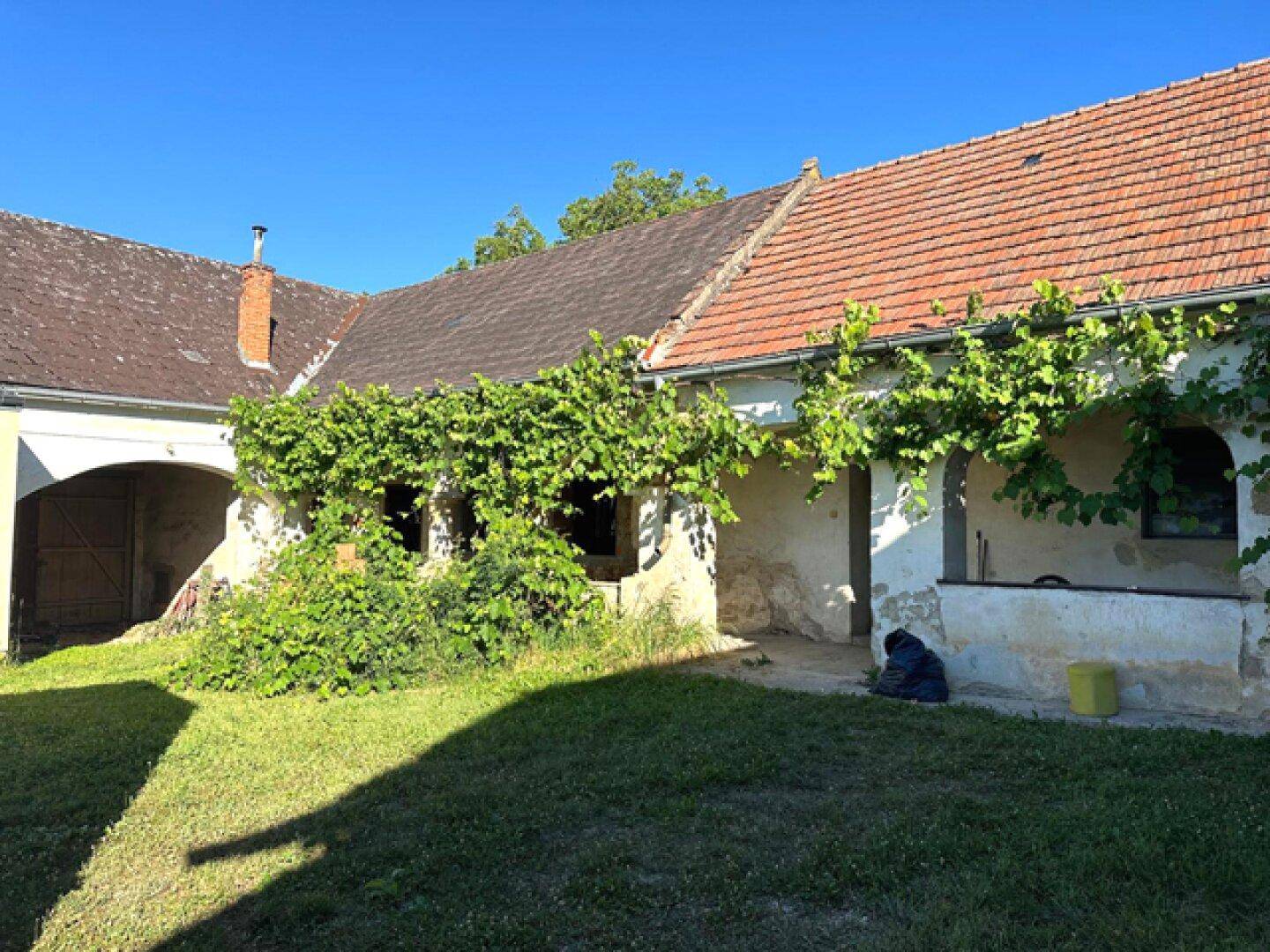 Sonniger Innenhof mit Rasenfläche und begrüntem Gebäude, das Renovierungsbedarf aufweist.